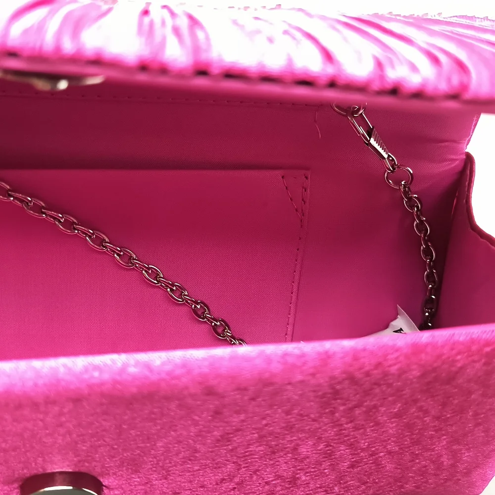 Satin Clutch Bag Faux Rhinestone Plaited Hot Pink Metal Strap Cocktail Party